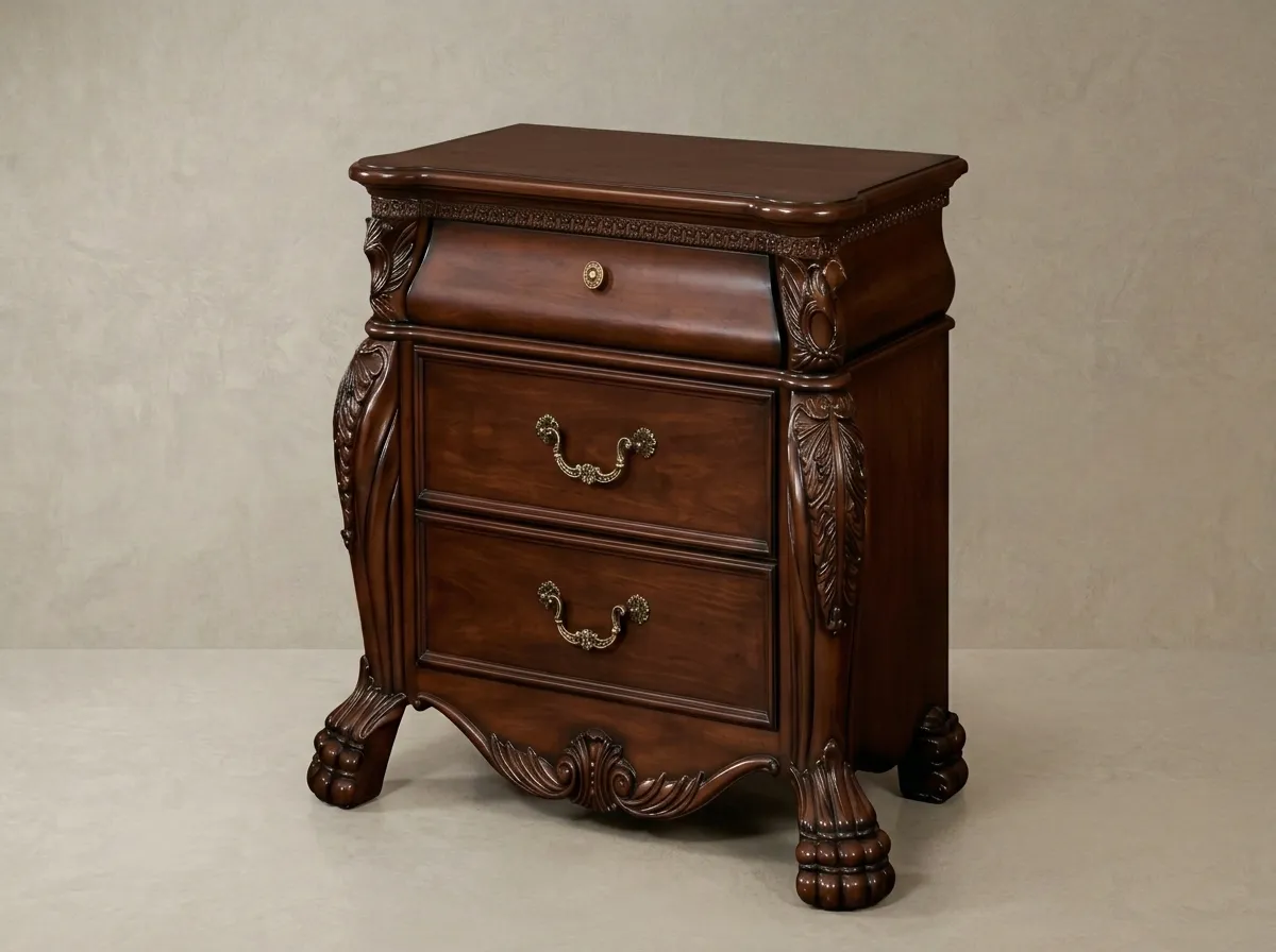 Traditional Two-Drawer Luxury Nightstand in Cherry | Solid Wood Hand Carved Bedside Table with Storage