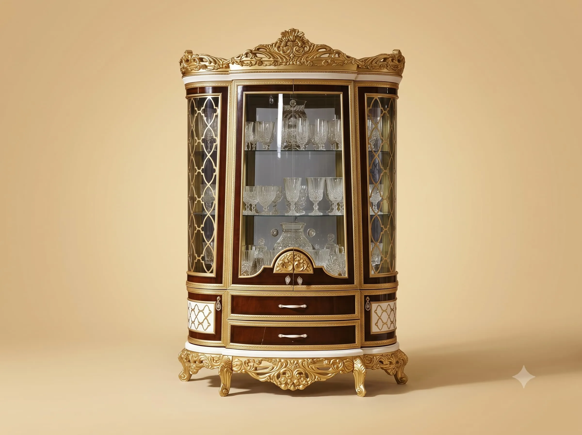 Crockery Showcase in Carved Teak with Lattice Glazed Doors