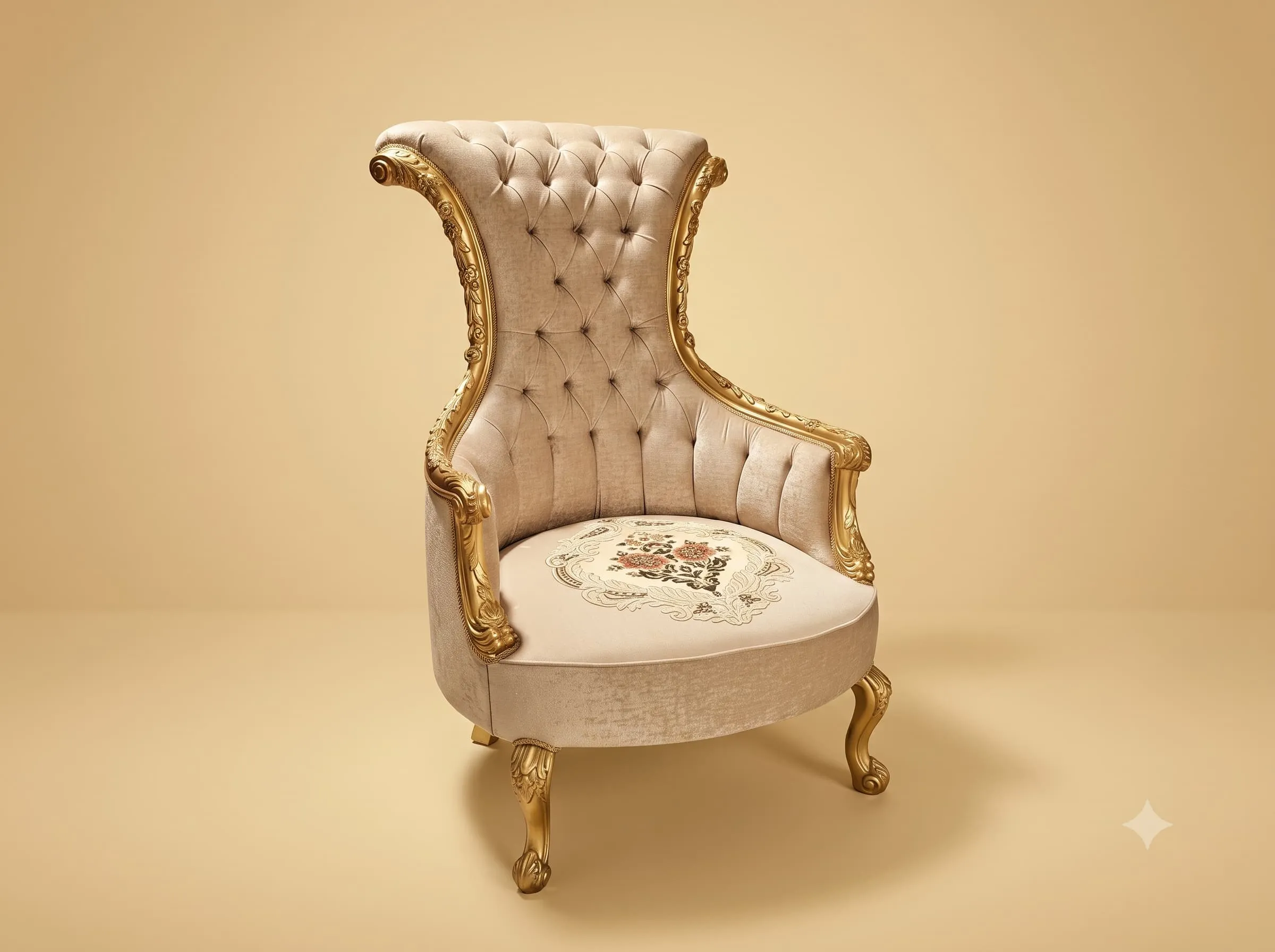 Wing Chair in Carved Teak with a Buttoned Back and Gilded Scroll Frame