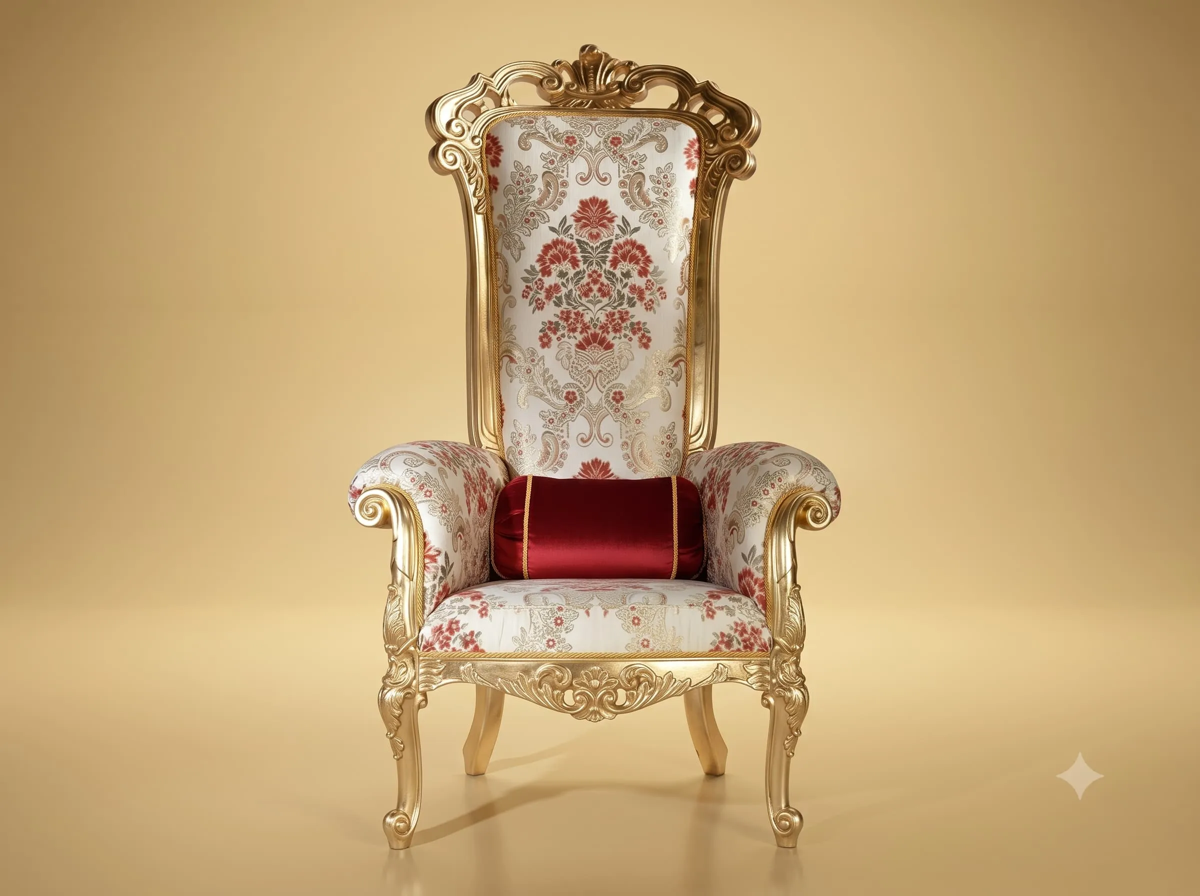 Living Room Chair in Carved Teak with a Floral Brocade and Gilded Frame