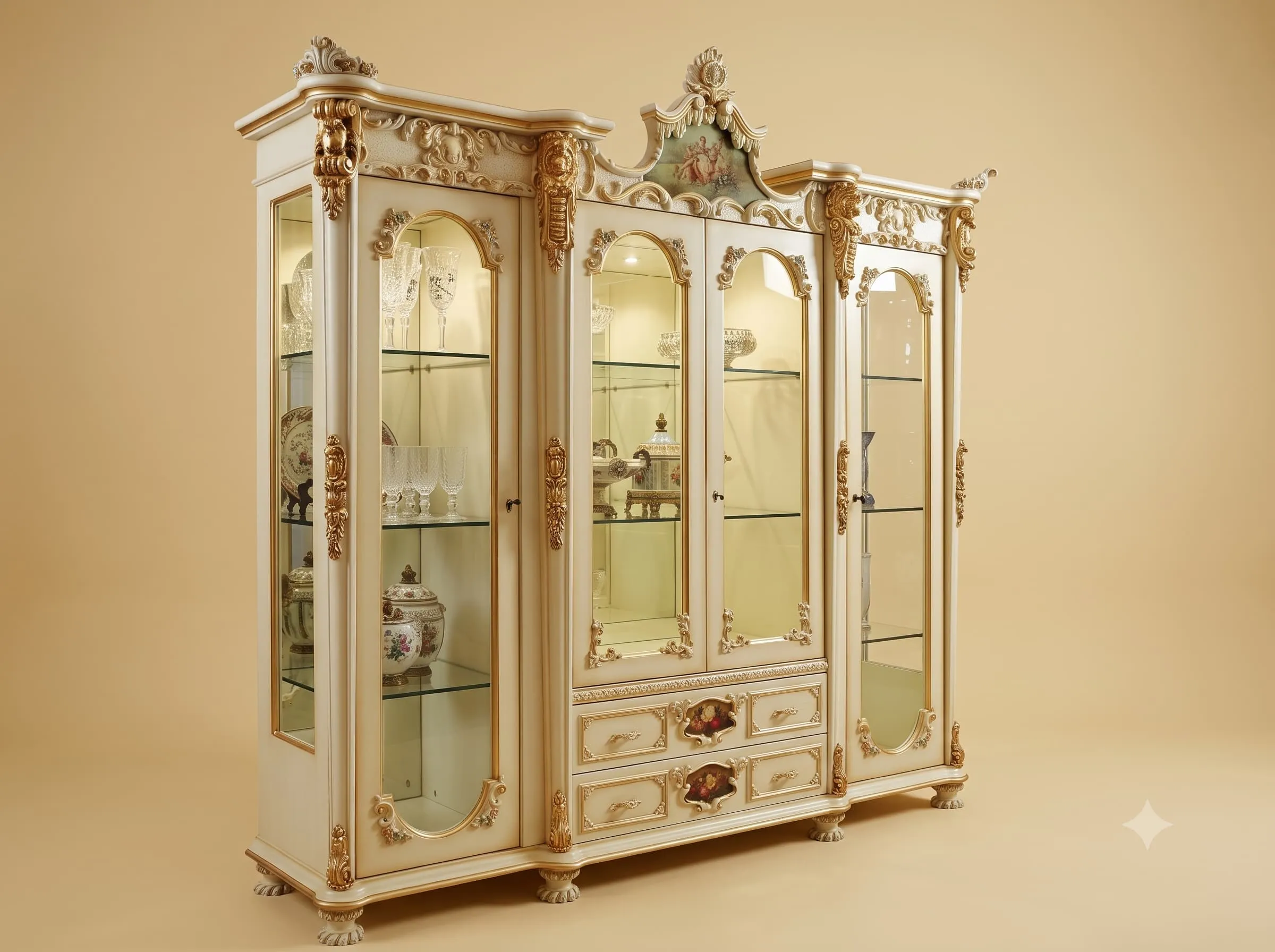 Dinner Set Cabinet in Ivory and Gold with Painted Pediment
