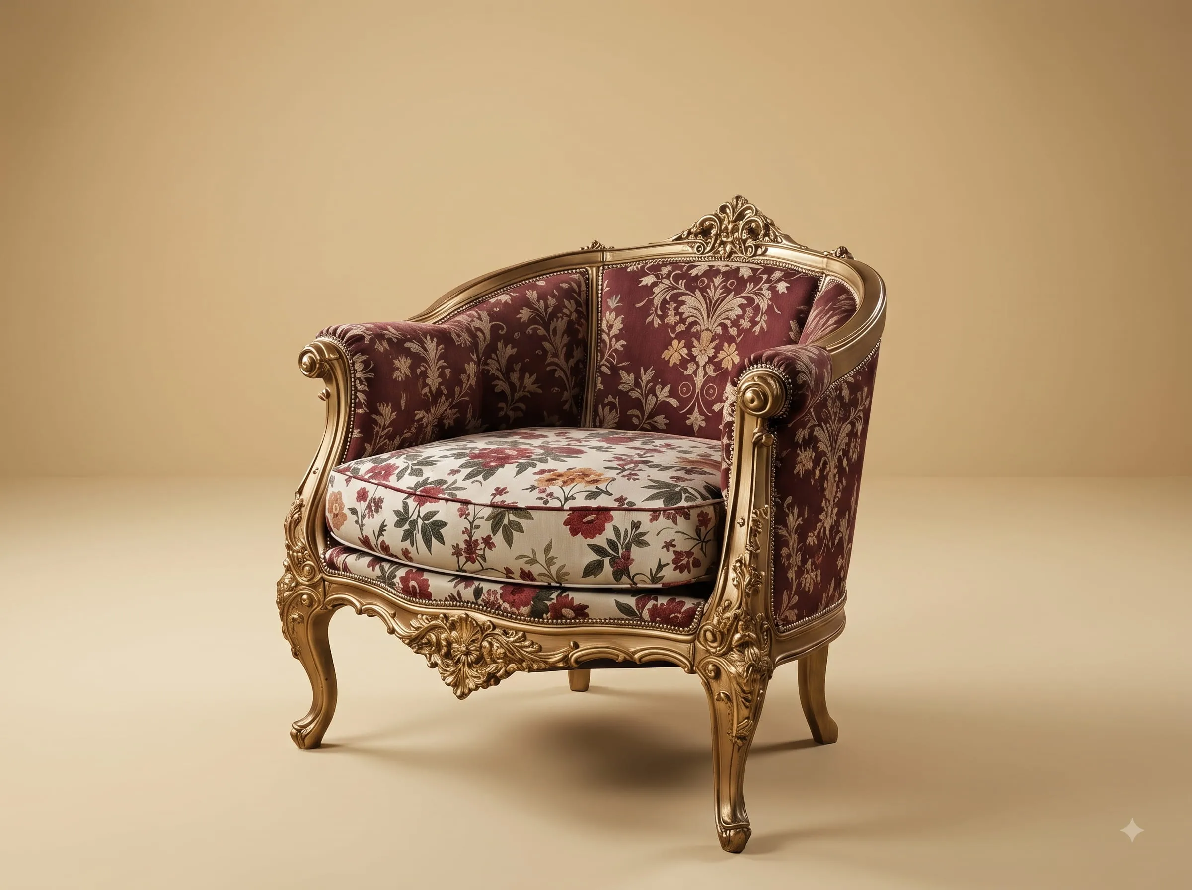 Barrel Chair in Gilded Teak with Maroon and Floral Upholstery