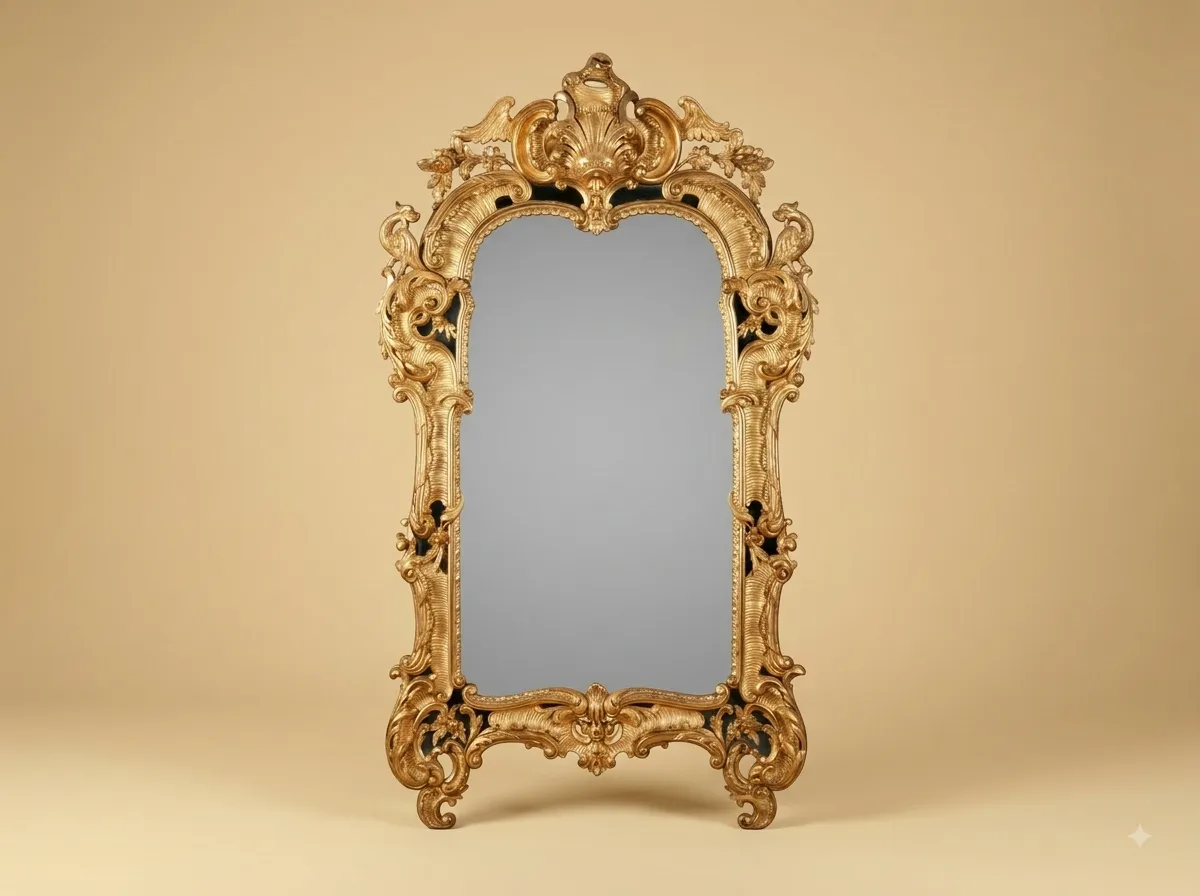 Standing Mirror in Gilded Teak with a Shell Crest and Scrolled Feet