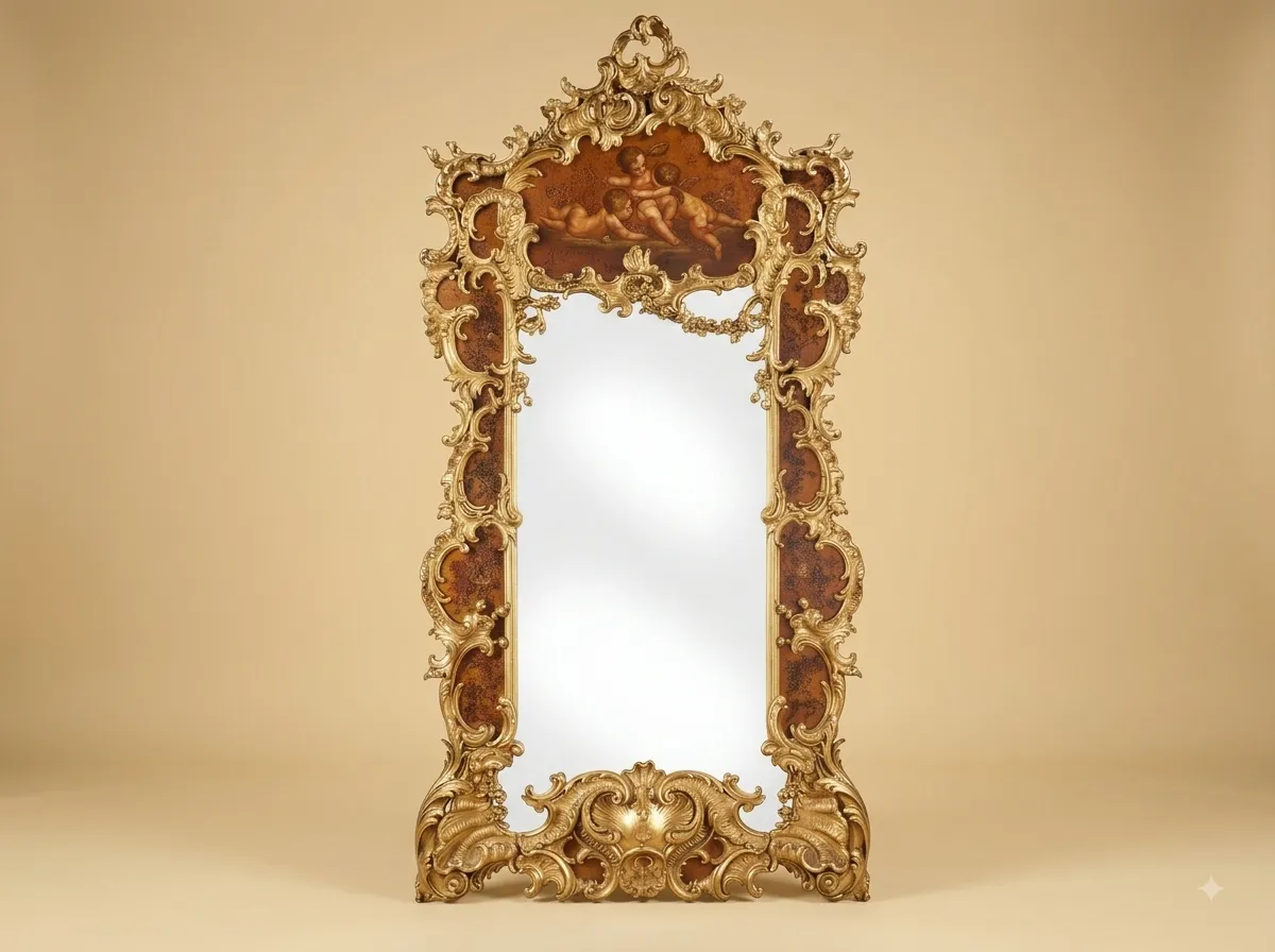 Pier Mirror in Gilded Teak with a Hand Painted Upper Panel