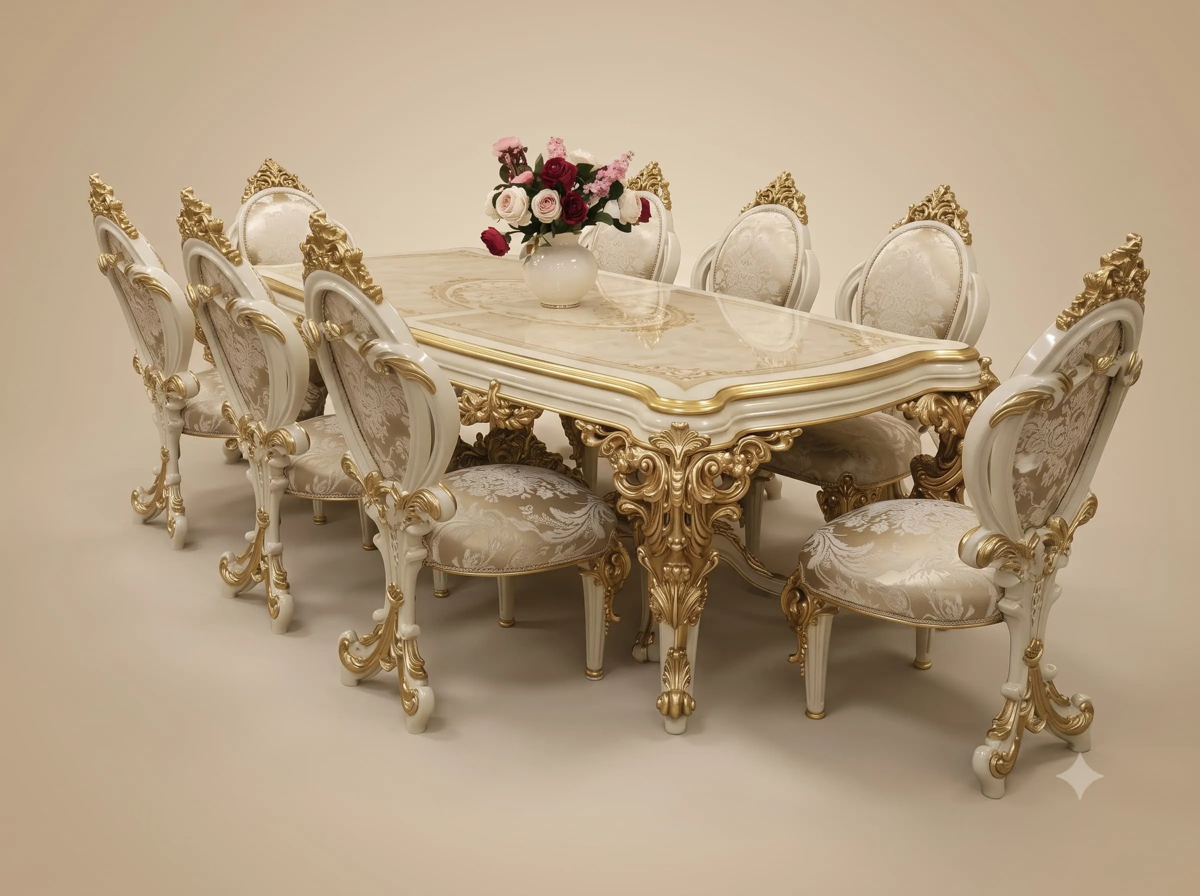 Baroque Dining Table Set in Carved Teak with Oval Back Chairs