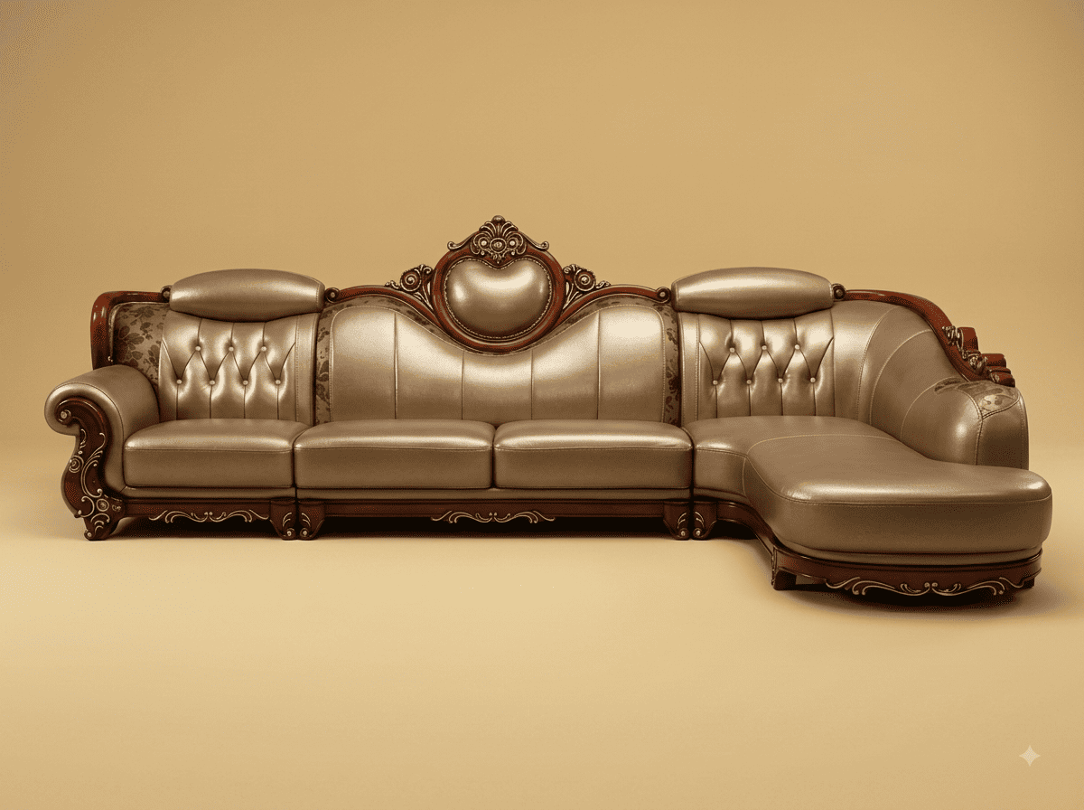 Leather Corner Sofa in Carved Teak - Champagne with Rosewood Frame