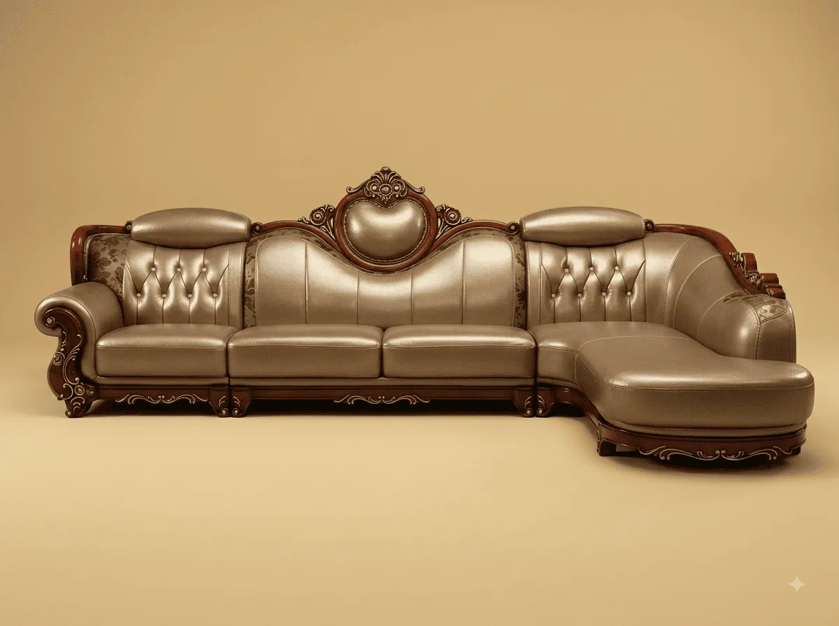 Leather Corner Sofa in Carved Teak - Champagne with Rosewood Frame