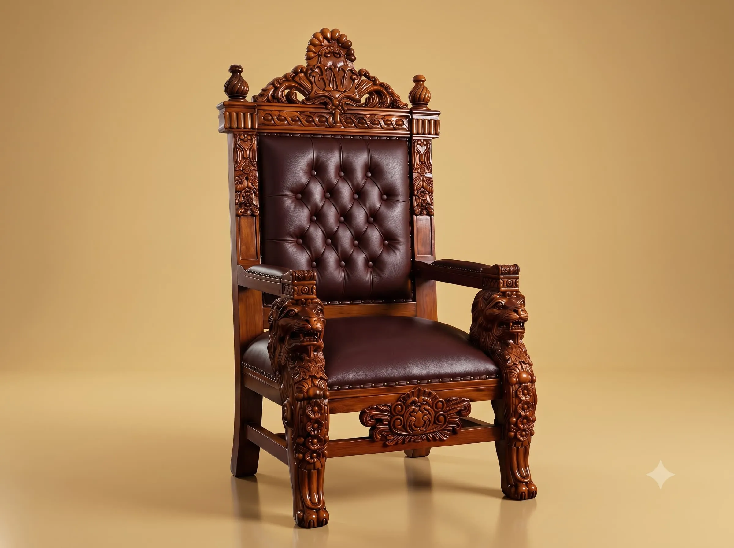 Study Room Chair in Carved Teak with Lion Arms and Buttoned Leather