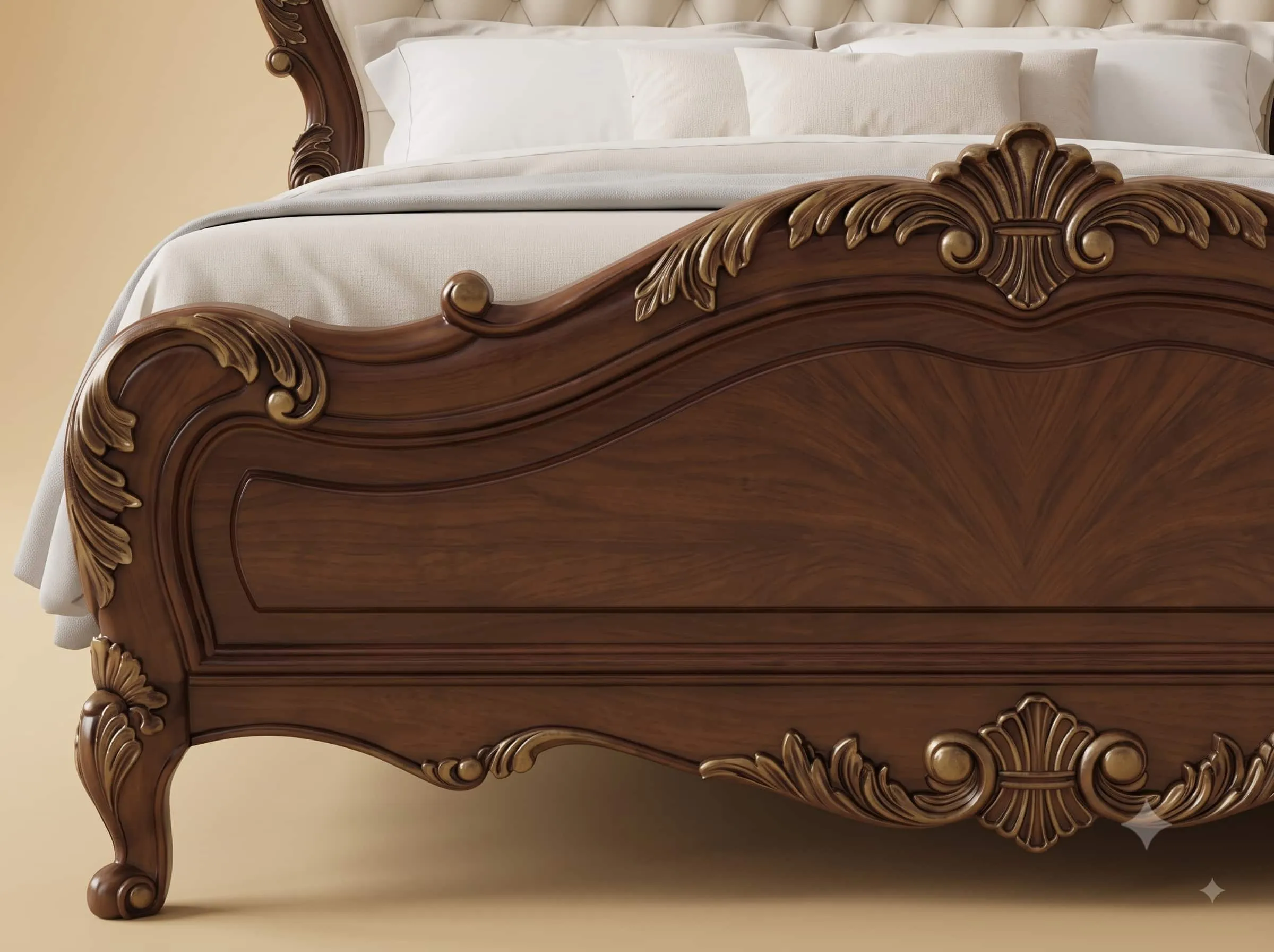 Teak Wood Bed Design in Walnut Finish - Cream Buttoned Headboard