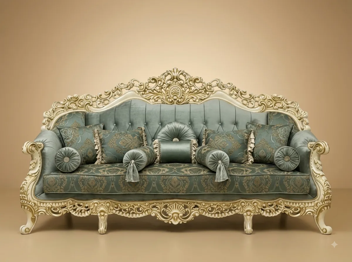 Royal Luxury Handcrafted Carved Teak 3 Seater Sofa | Sage Velvet and Gold