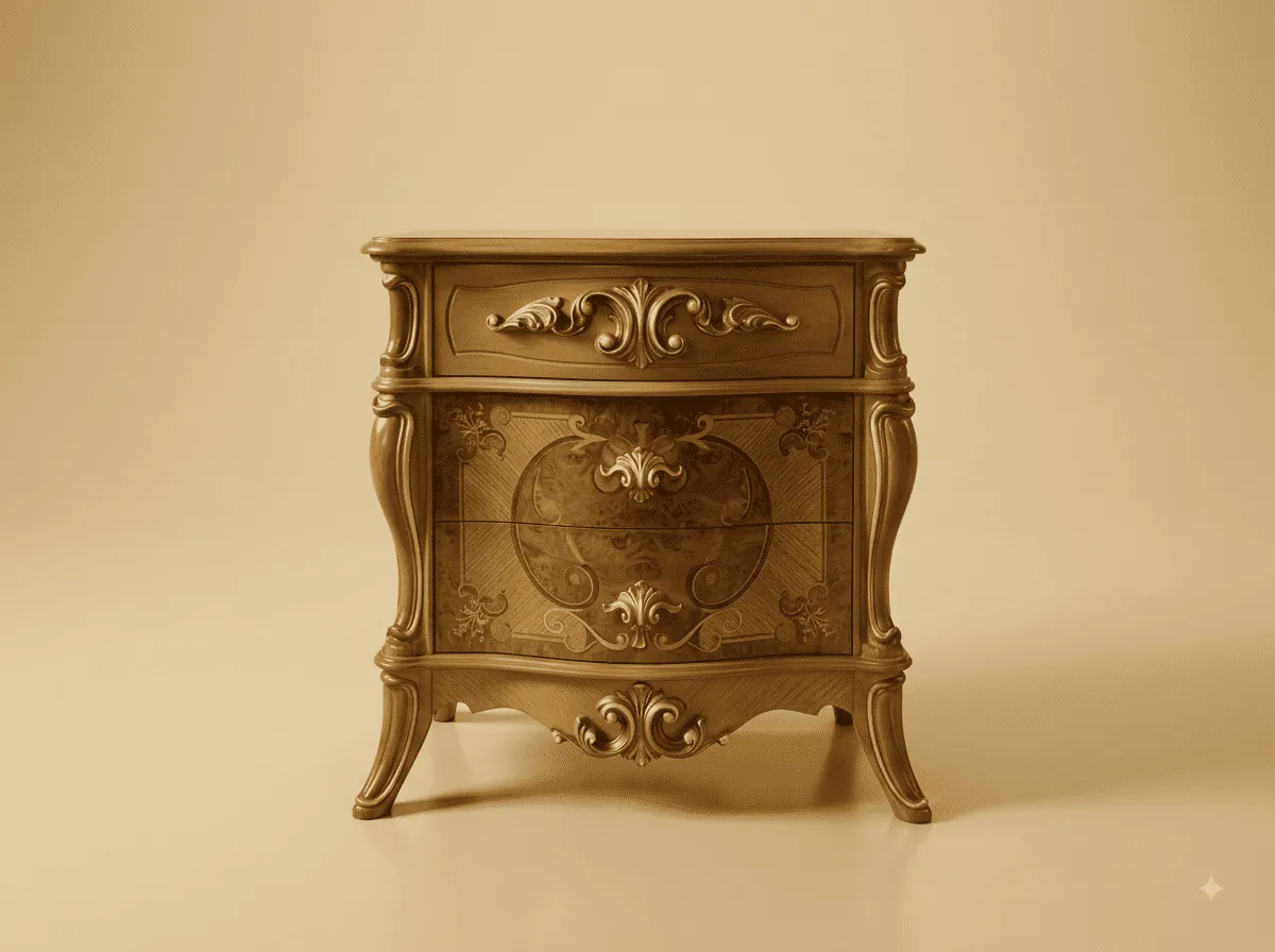 Nightstand in Carved Teak - Bombe Three-Drawer with Carved Panel Motif