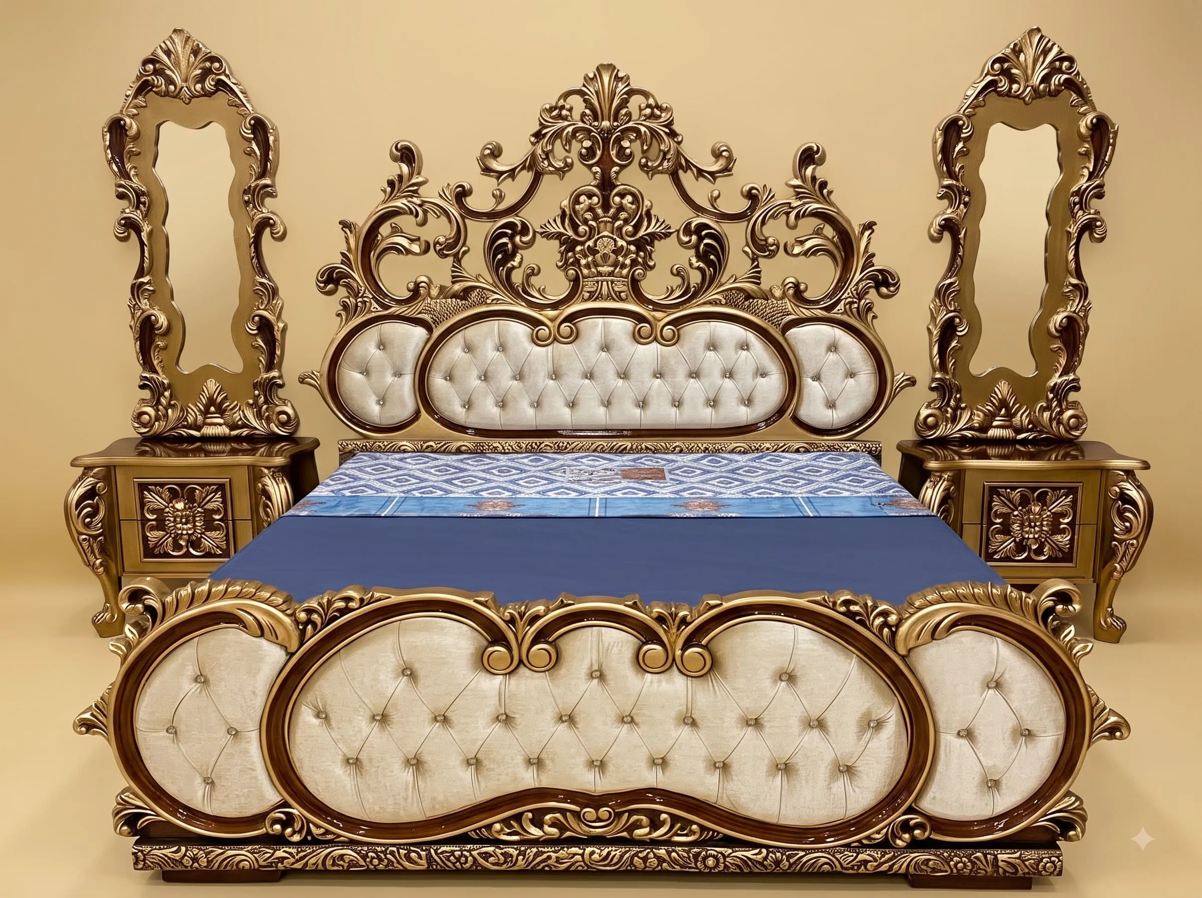 King Size Bedroom Set in Carved Teak - Gold with Tall Mirrors