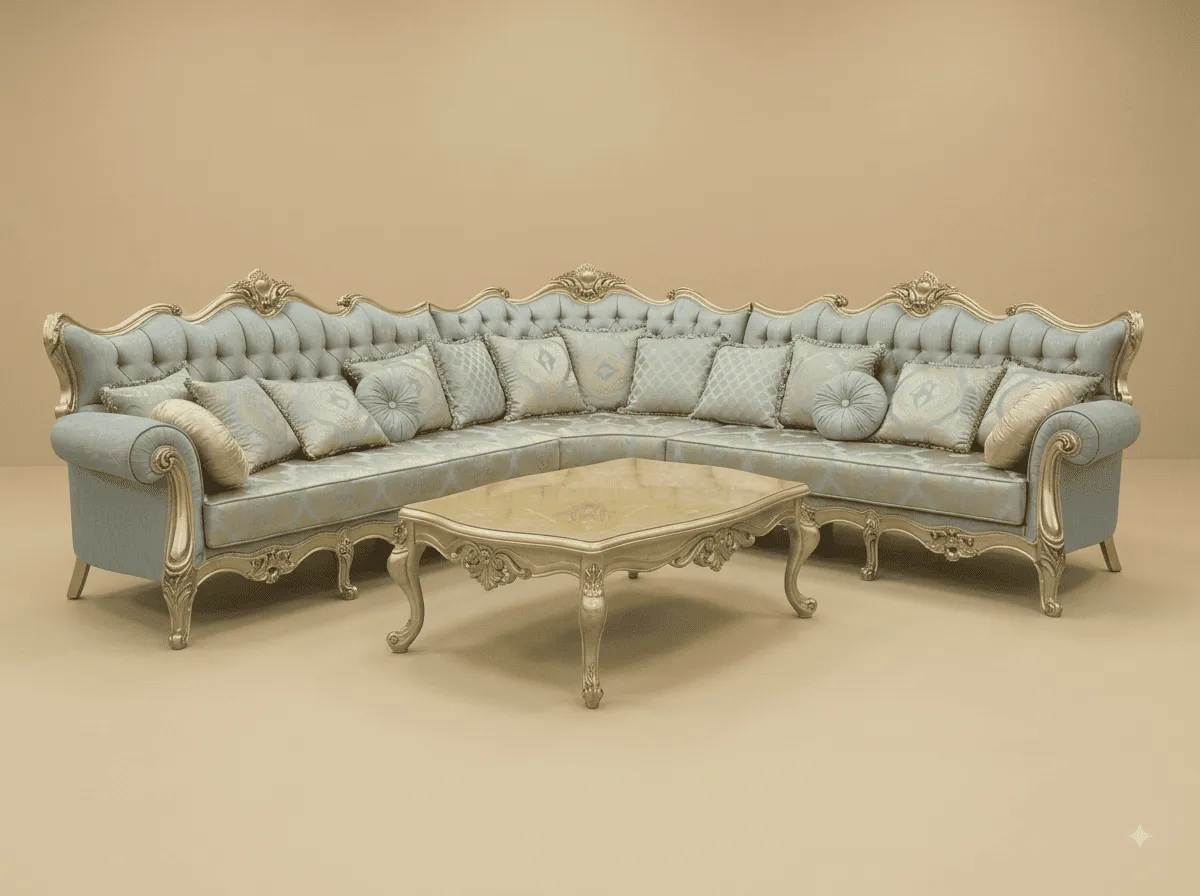 Drawing Room Sofa Set in Carved Teak - Pale Blue with Silver Frame