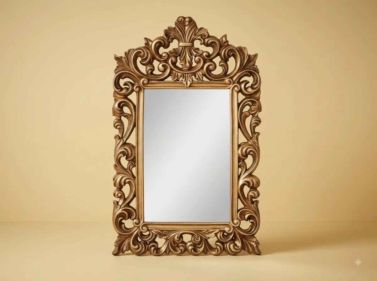 Bedroom Mirror in Gilded Teak with Pierced Scrollwork and a Plume Crest