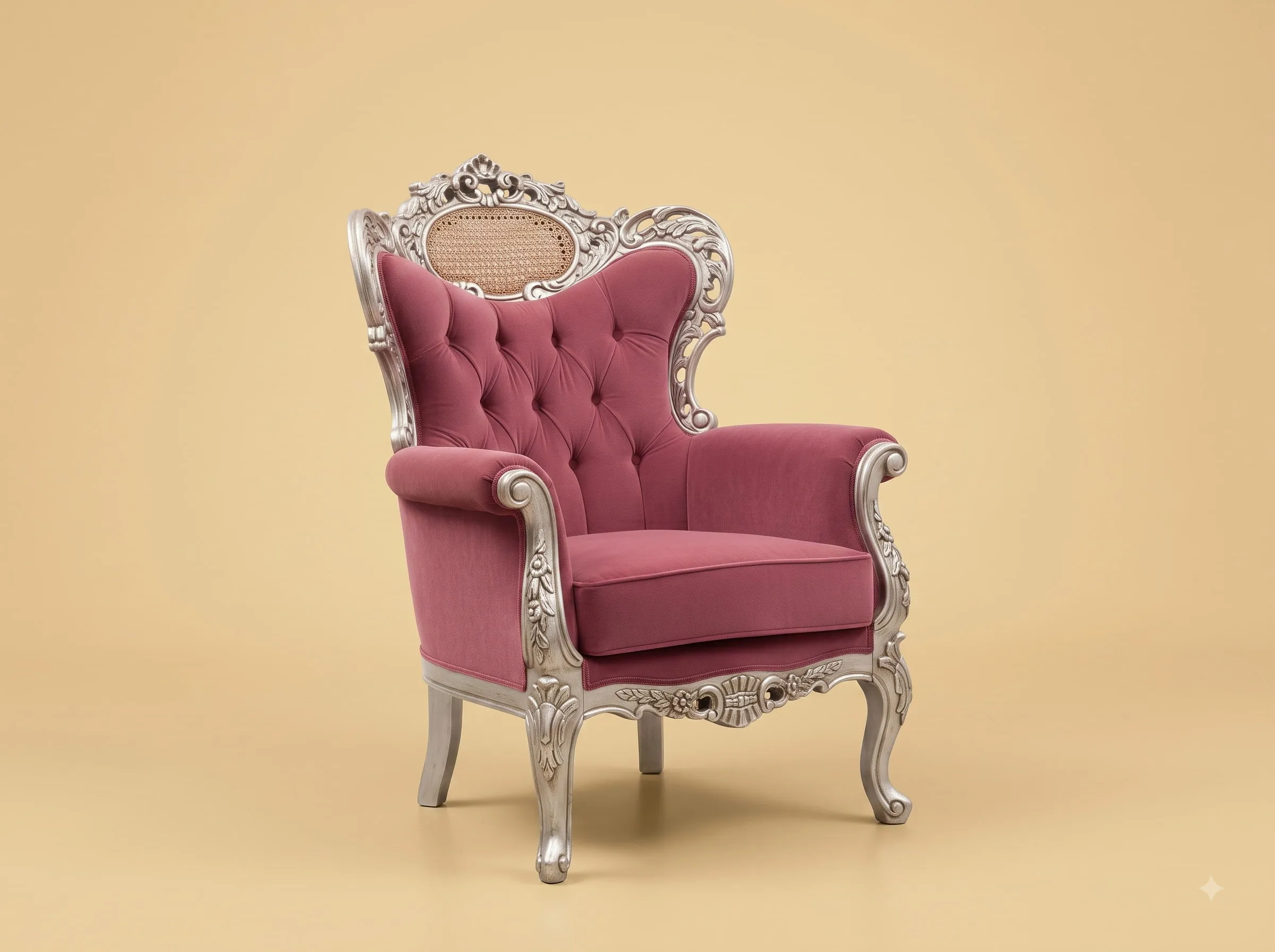 Velvet Chair in Carved Teak - Rose Pink with Silver Carved Frame
