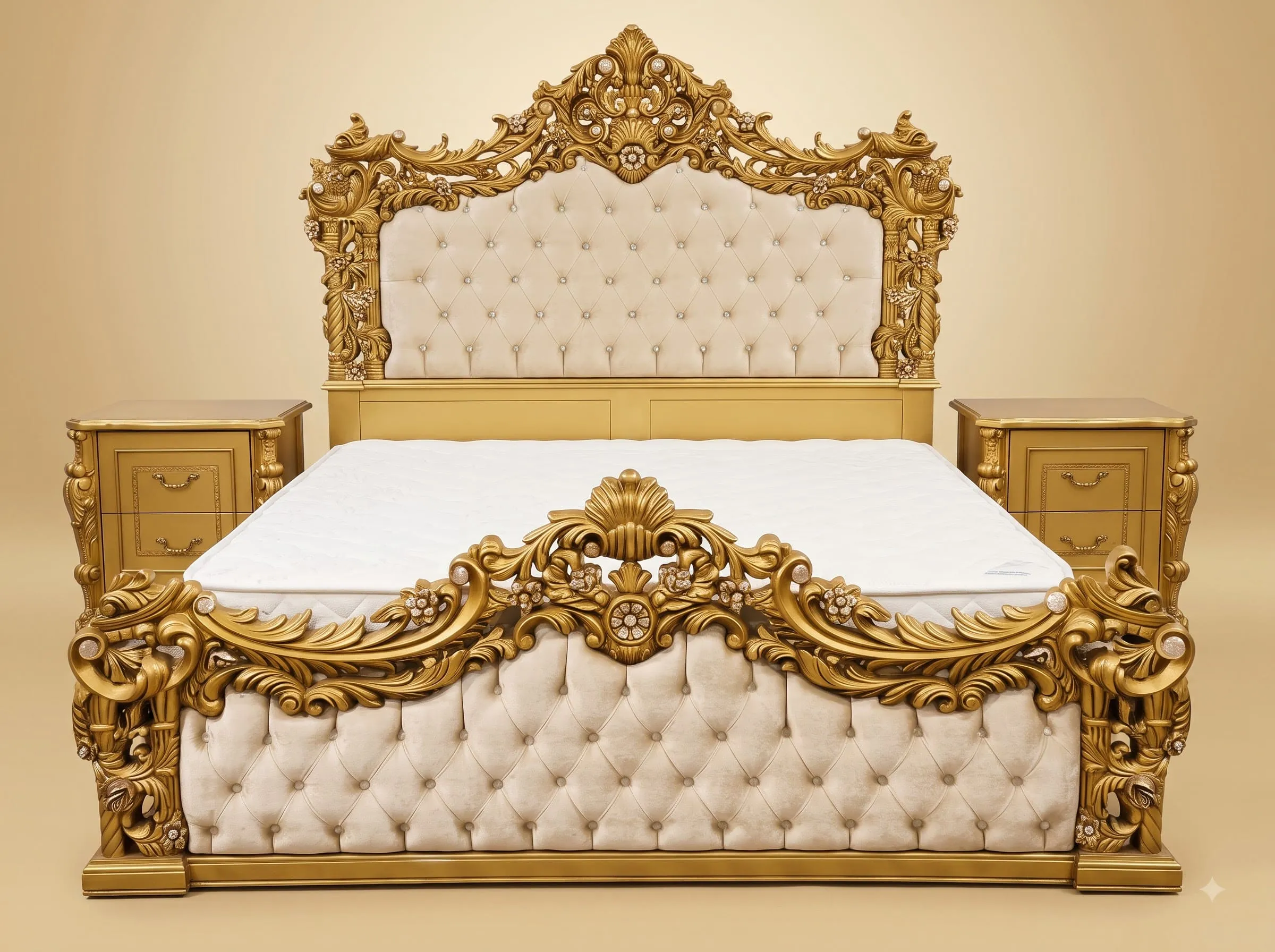 Maharaja Bed in Carved Teak - Gold Finish with Tufted Headboard