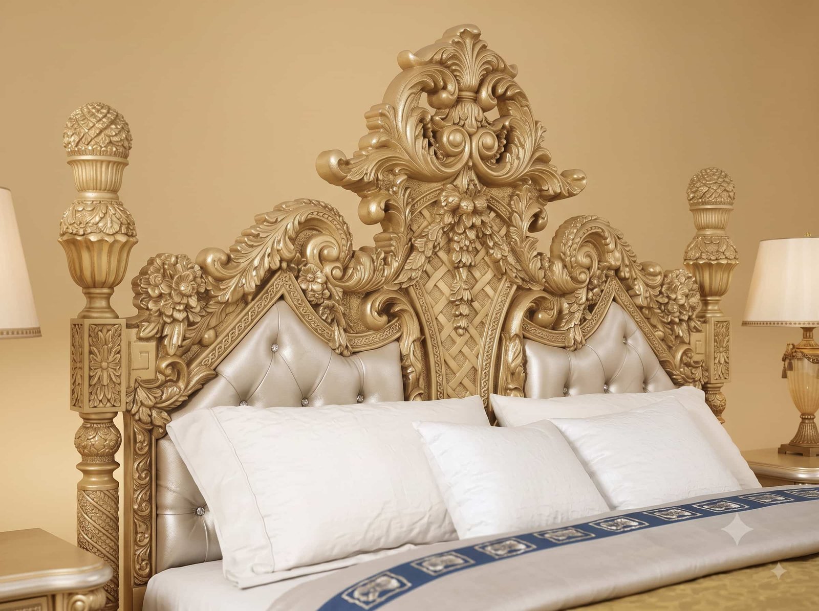 Luxury Gold Carved Teak Bed with Ornate Floral Headboard - Image 4