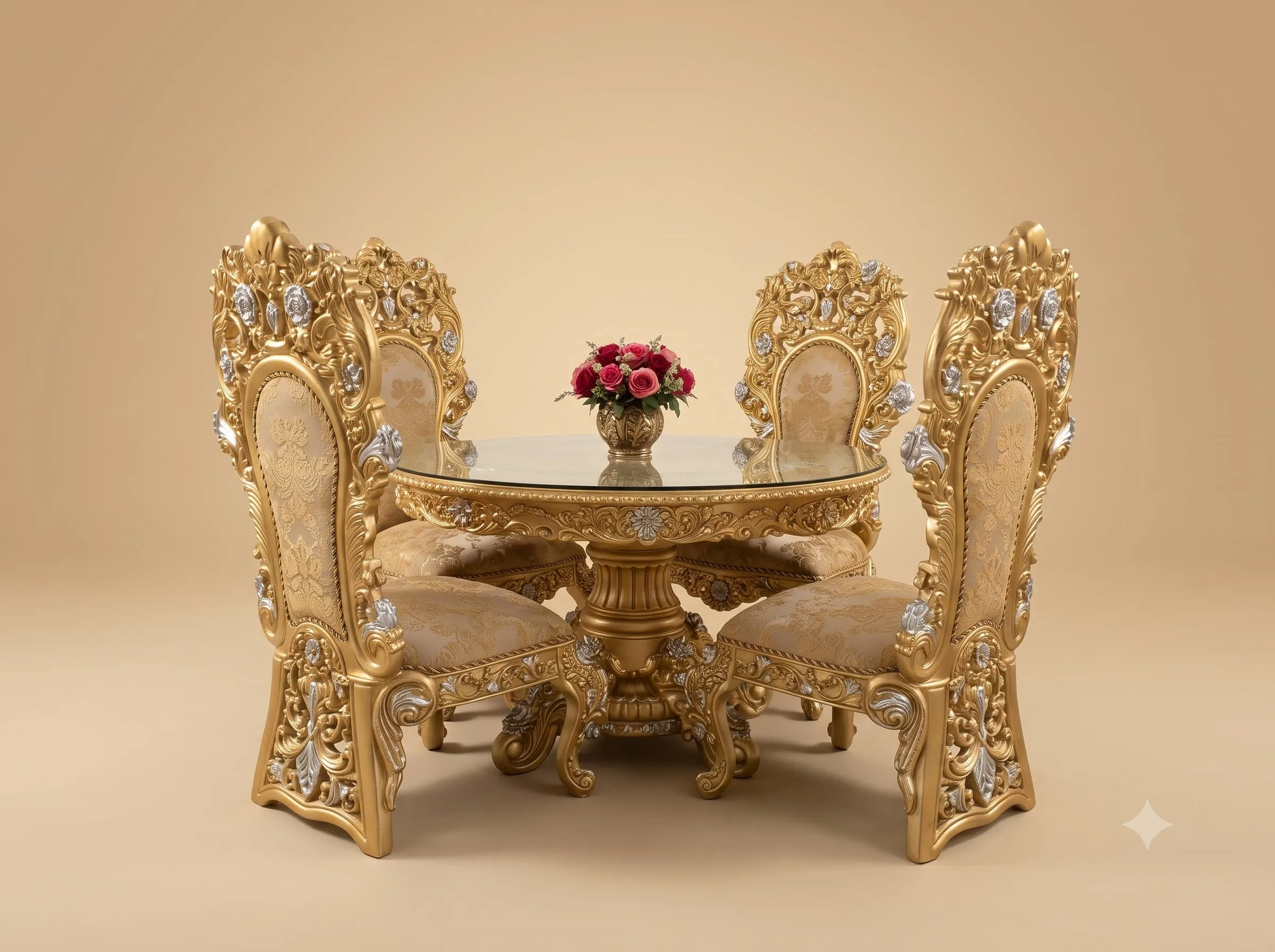 Small Dining Table Set in Carved Teak with Tall Gilded Chairs