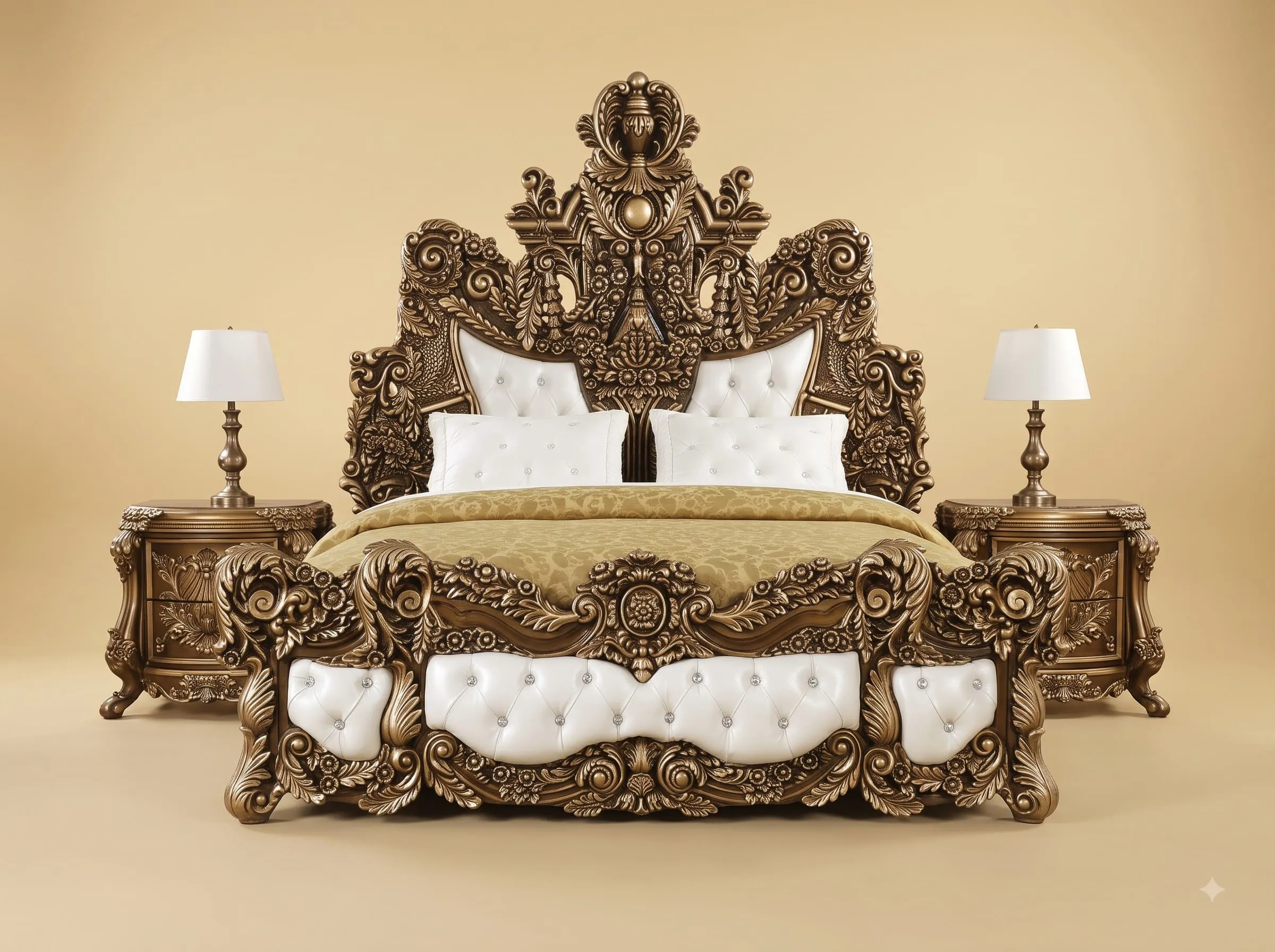 Luxury Bed Design in Carved Teak - Antique Bronze with Tufted Panels