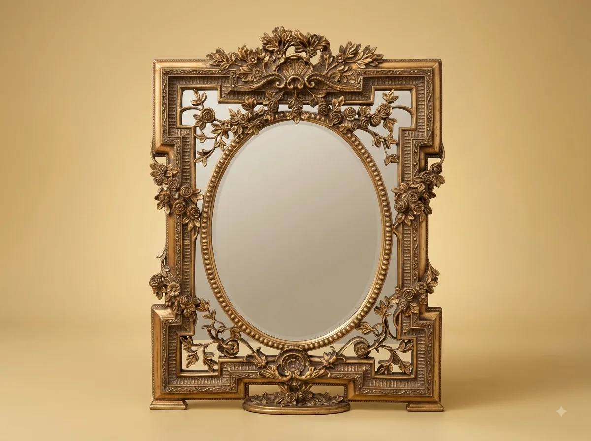 Designer Wall Mirror in Gilded Teak with a Greek Key Frame and Oval Plate