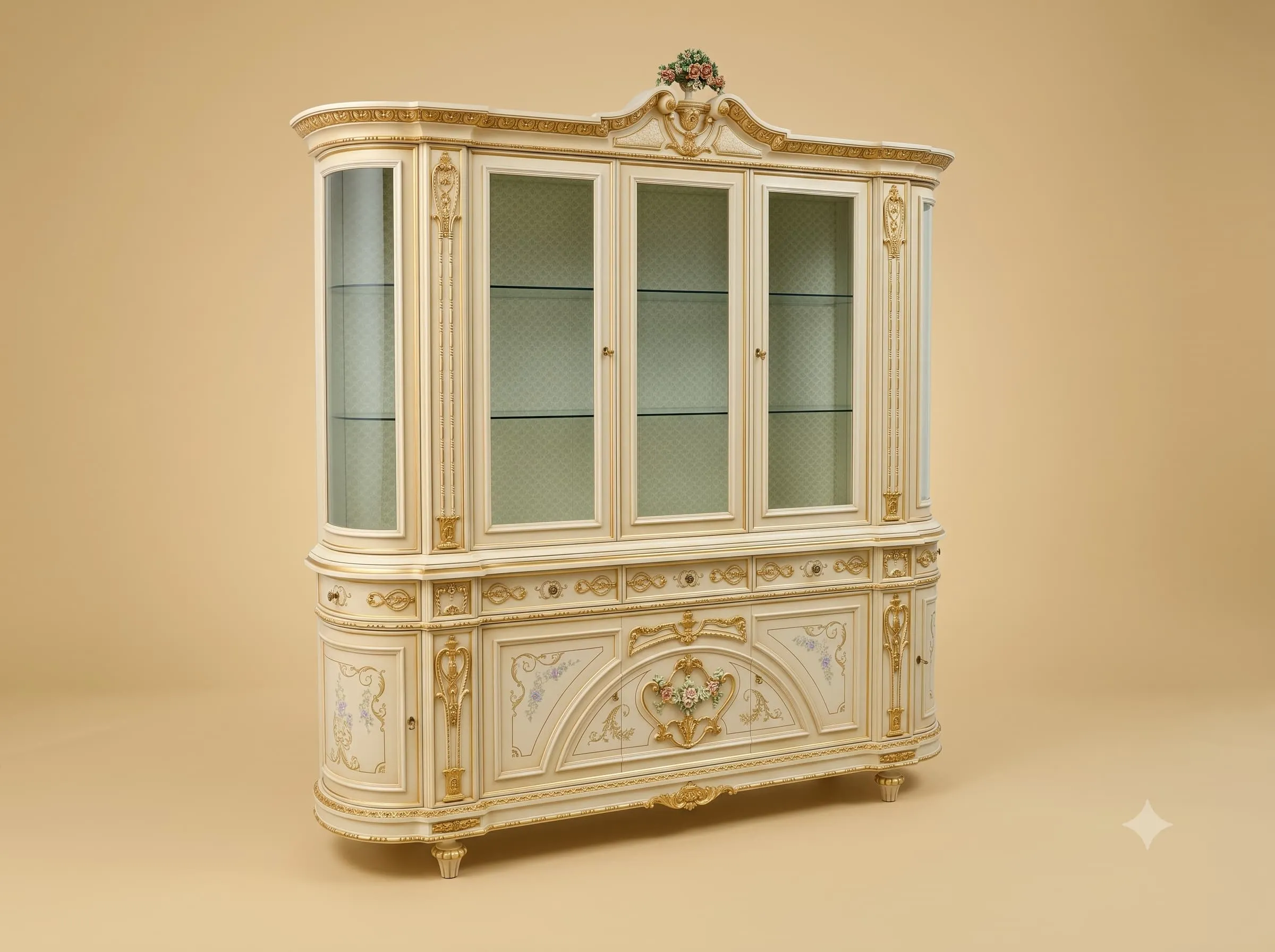 Dining Room Cabinet in Carved Teak with Fabric Lined Display