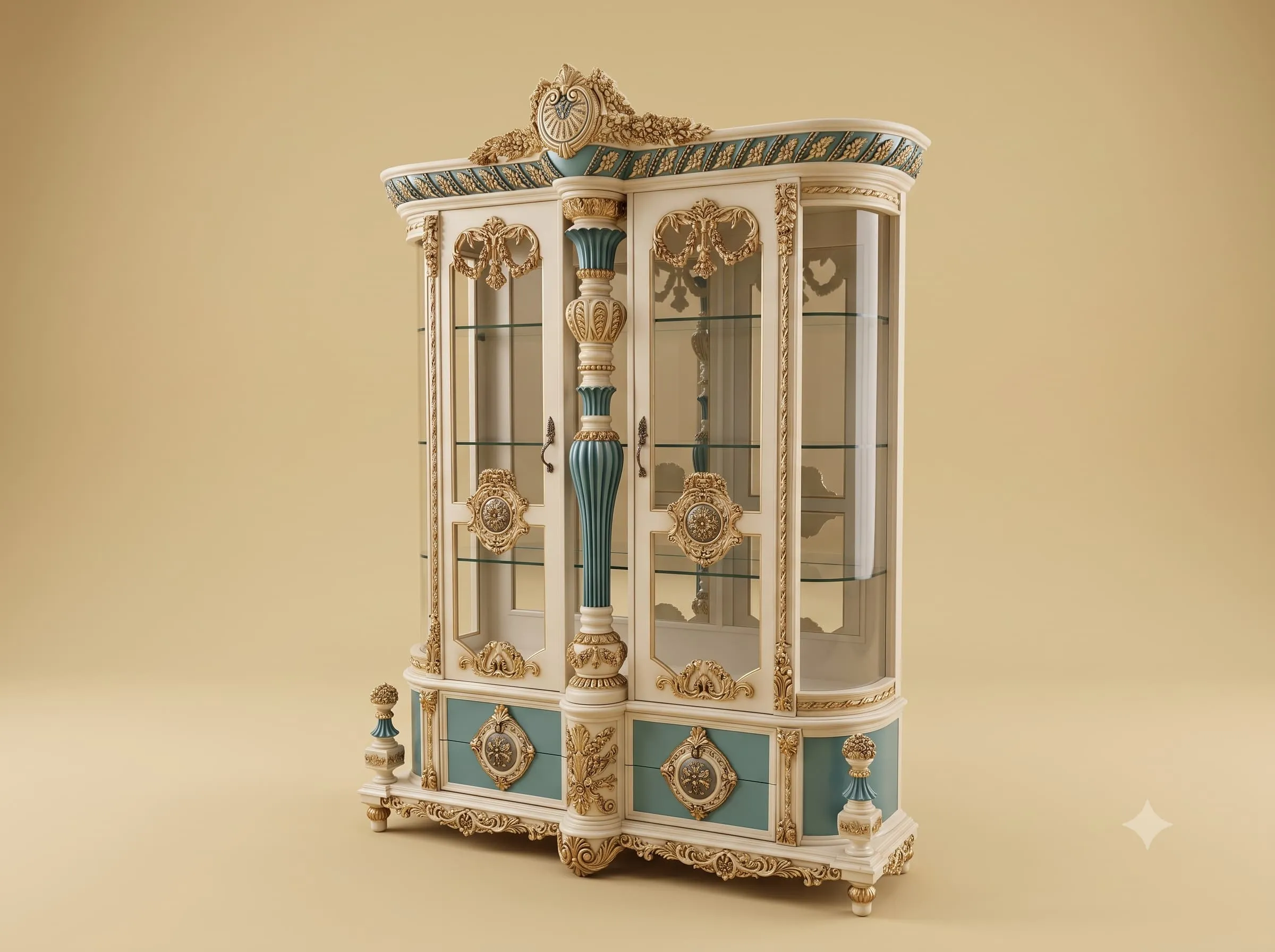 Showcase with Drawers in Carved Teak with Turned Centre Column