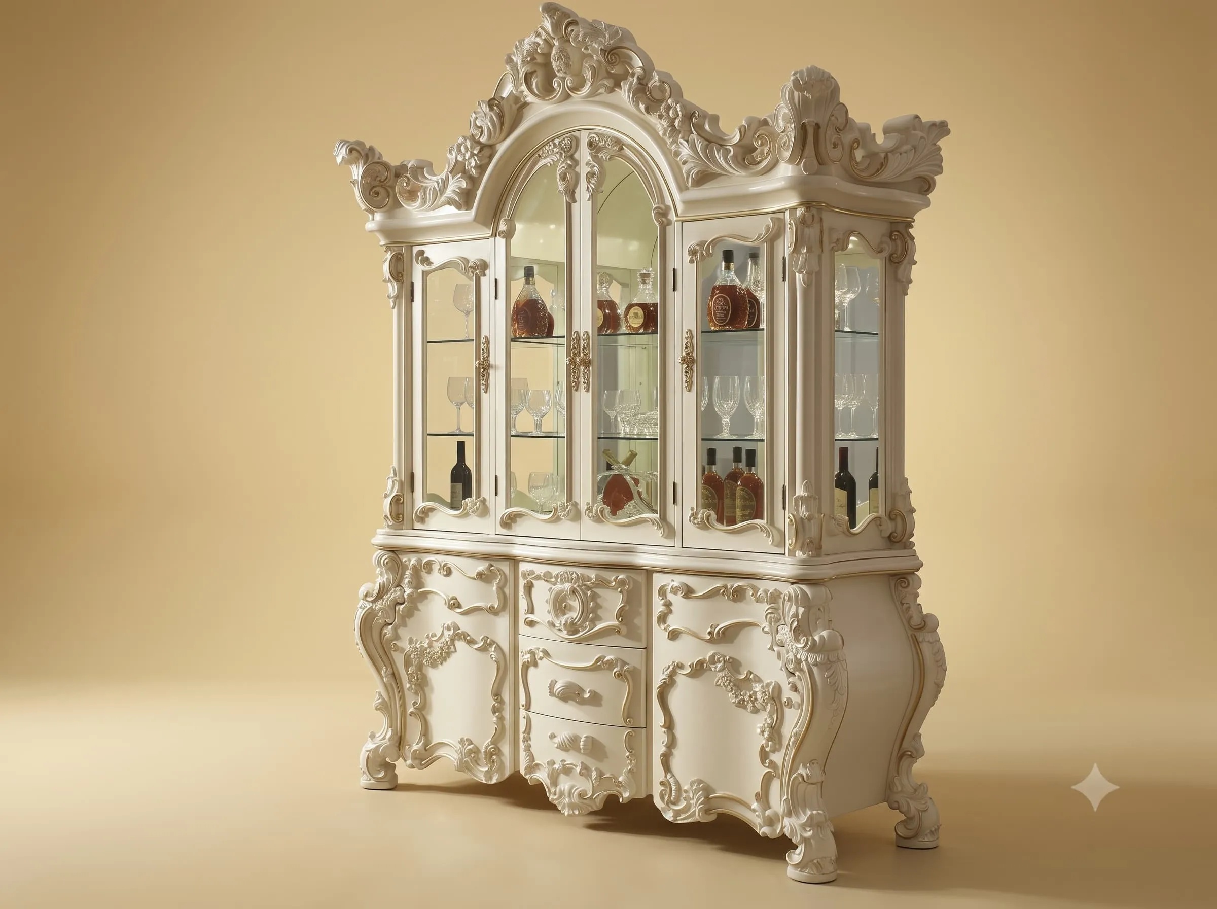 Bar Cabinet in Carved Teak with Glazed Display and Bombe Base