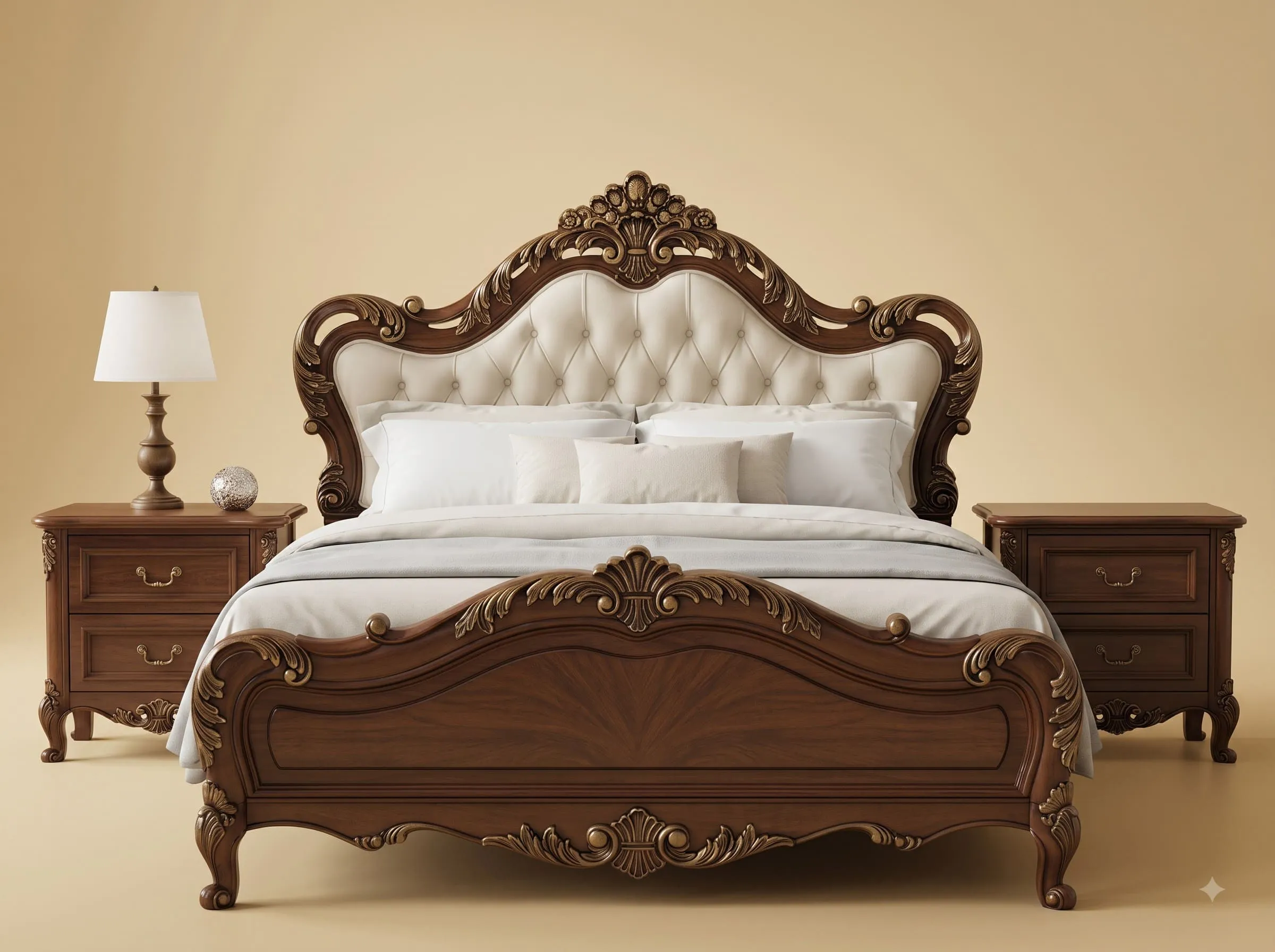Teak Wood Bed Design in Walnut Finish - Cream Buttoned Headboard