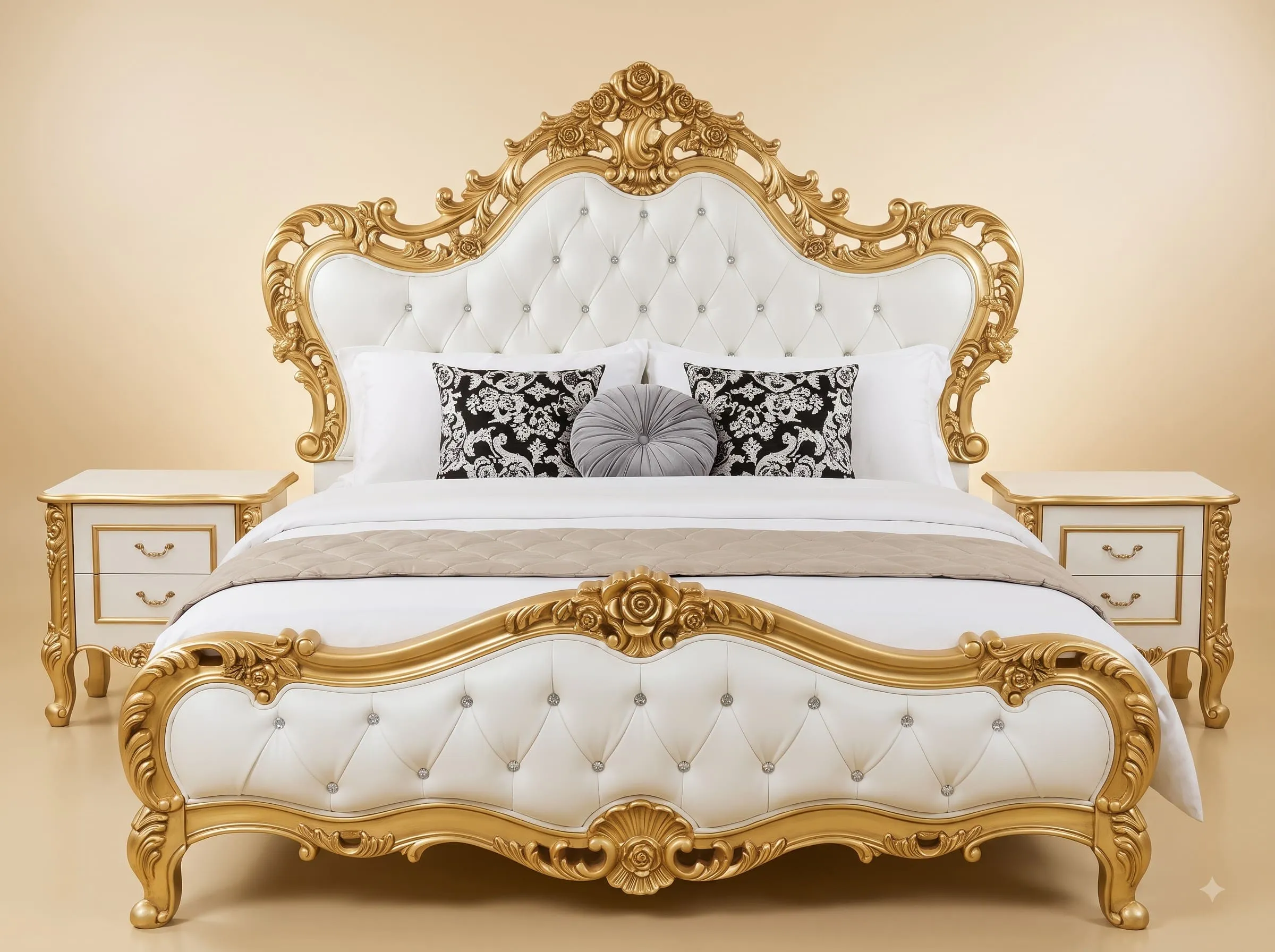 White and Gold King Size Bed - Carved Teak Rose Crest, Crystal Tufted