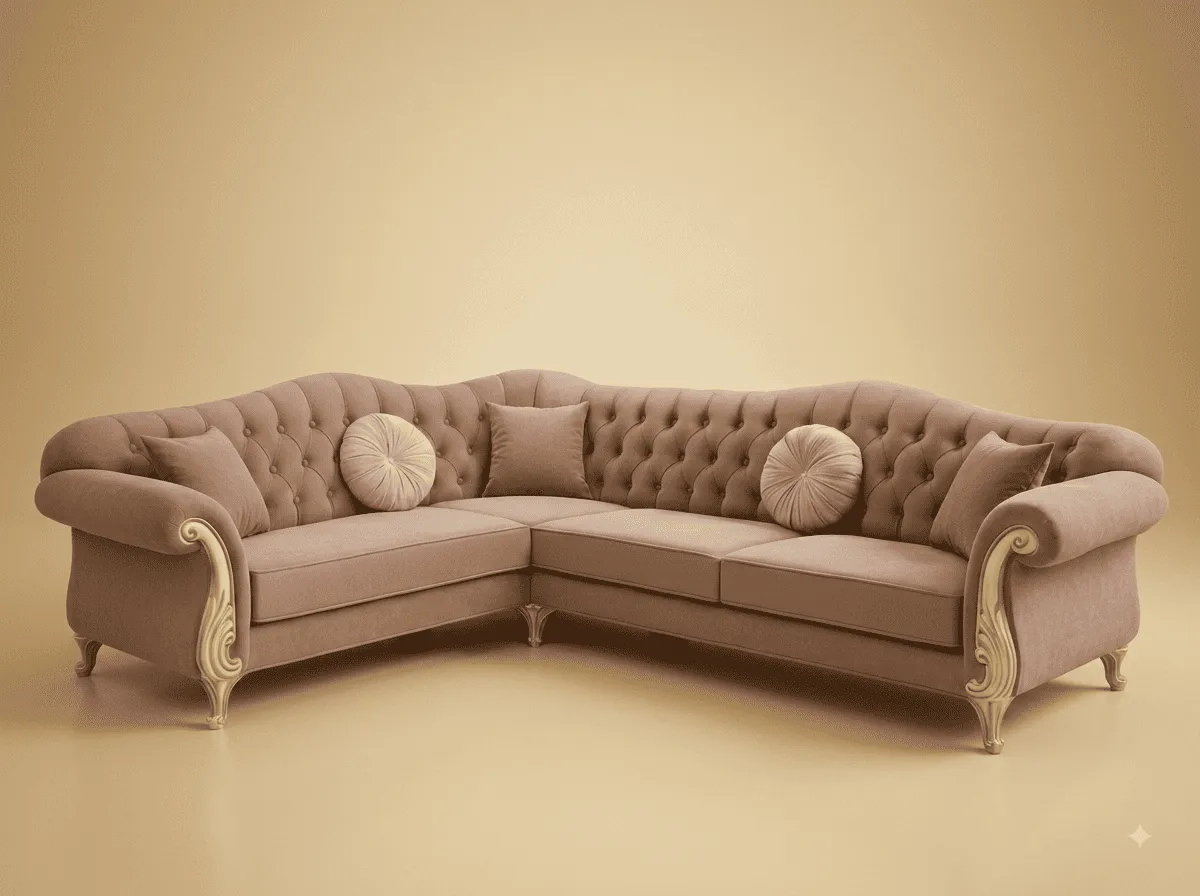 Chesterfield Sofa in Carved Teak - Taupe Velvet with Rolled Arms