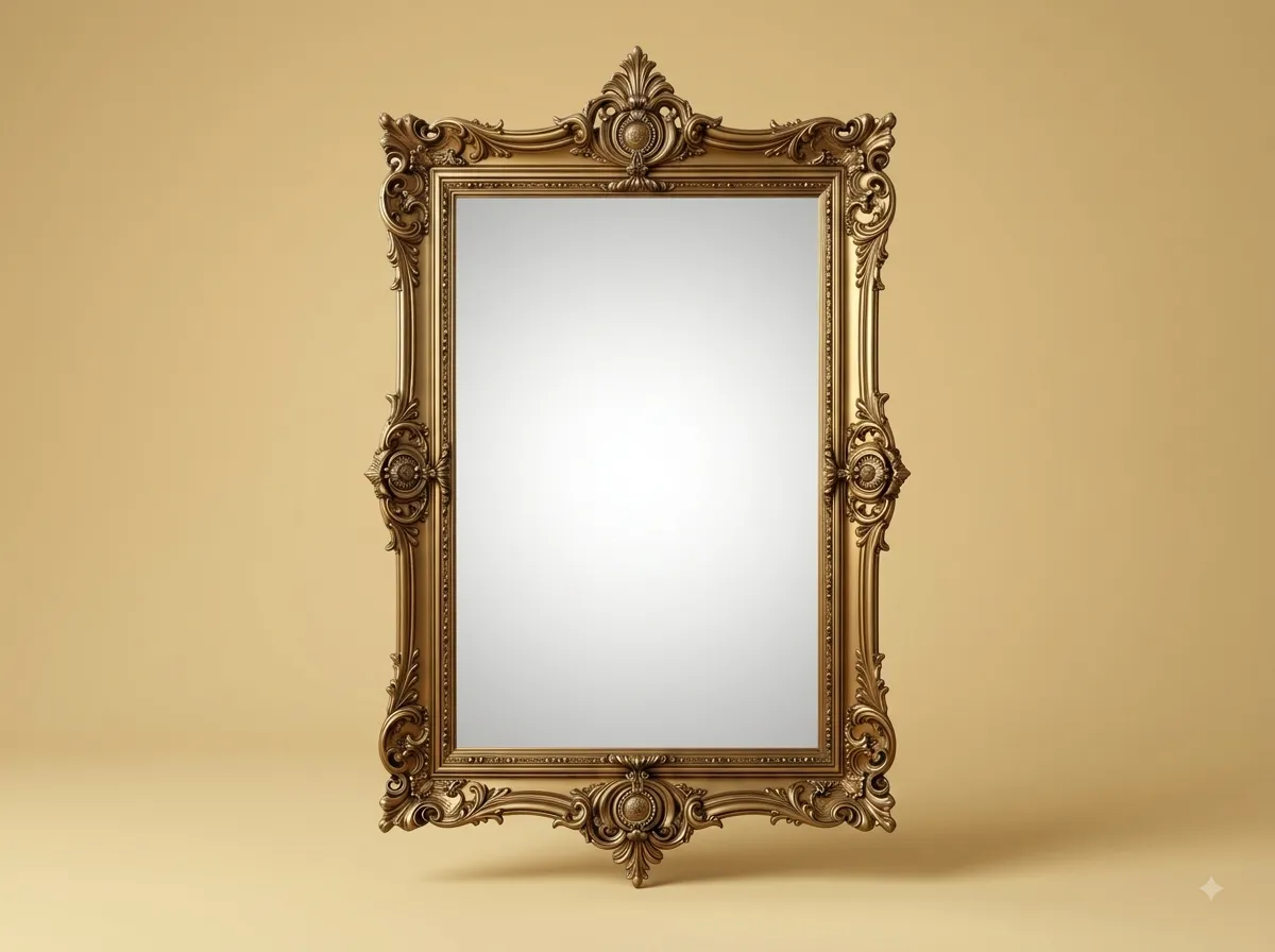 Rectangular Wall Mirror in Gilded Teak with Cartouche Bosses and a Crest